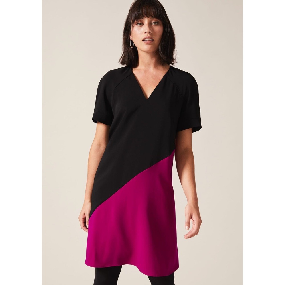 Phase Eight Colorblock V Neck Short Sleeve Shift Dress Magenta Black size 8